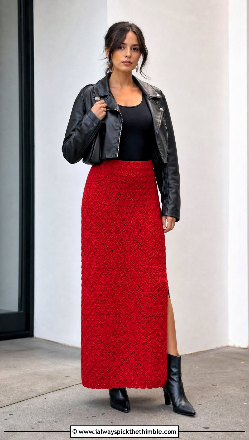 Vintage Shell Stitch Crochet Column Skirt With Leather Jacket - 15 Vintage Crochet Skirt outfit ideas