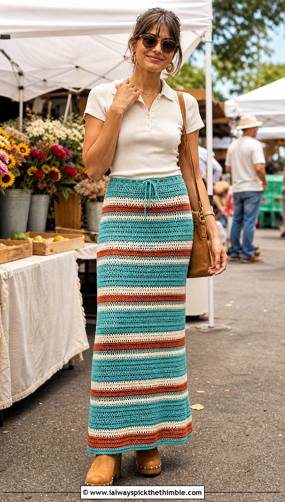 Vintage Striped Crochet Maxi Skirt With Retro Polo Top - 15 Vintage Crochet Skirt outfit ideas