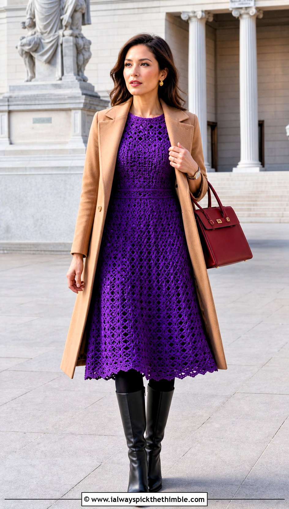 Violet Crochet A Line Dress With Riding Boots - 25 purple crochet dress outfit ideas