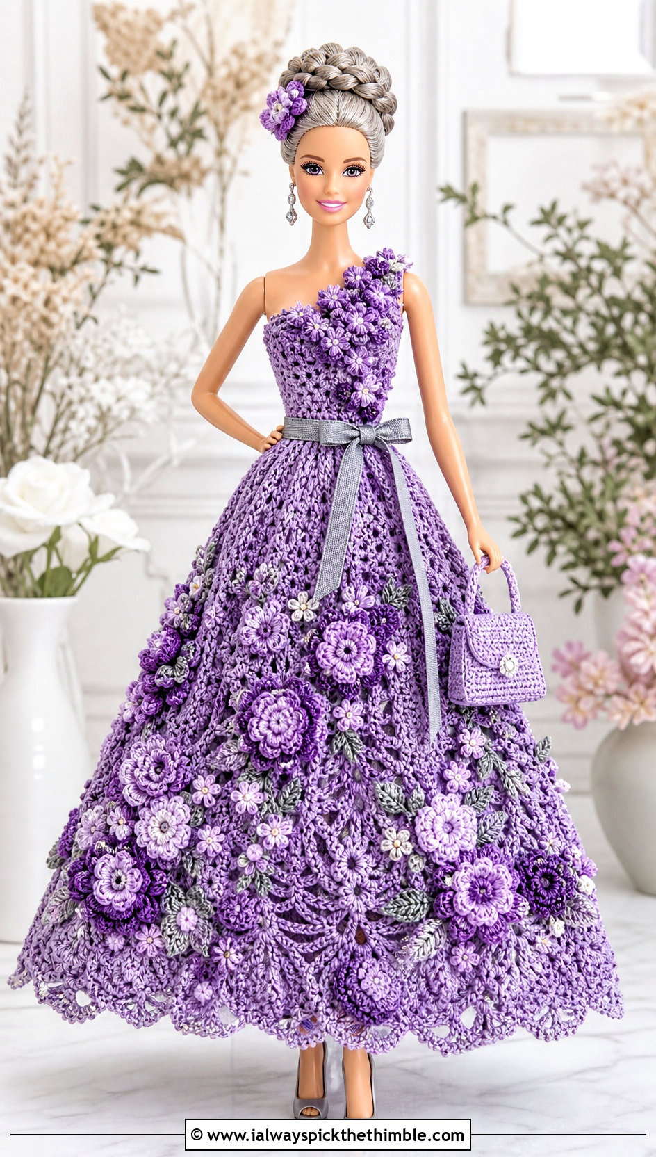 Violet Floral Applique Crochet Barbie Ball Gown - 20 crochet barbie ball gowns outfit ideas