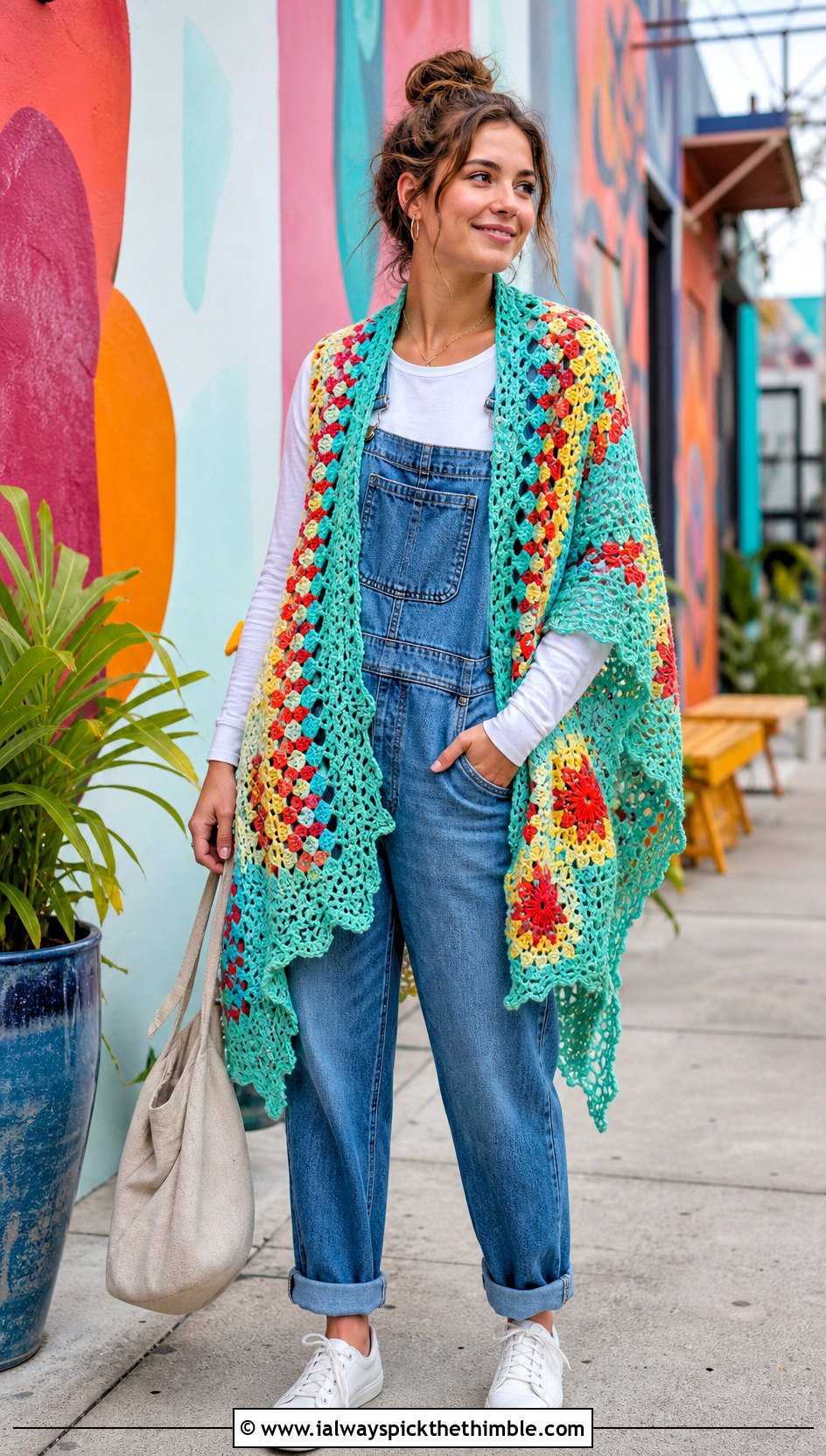 Virus Meets Granny Shawl With Denim Overalls - 25 crochet virus shawl outfit ideas