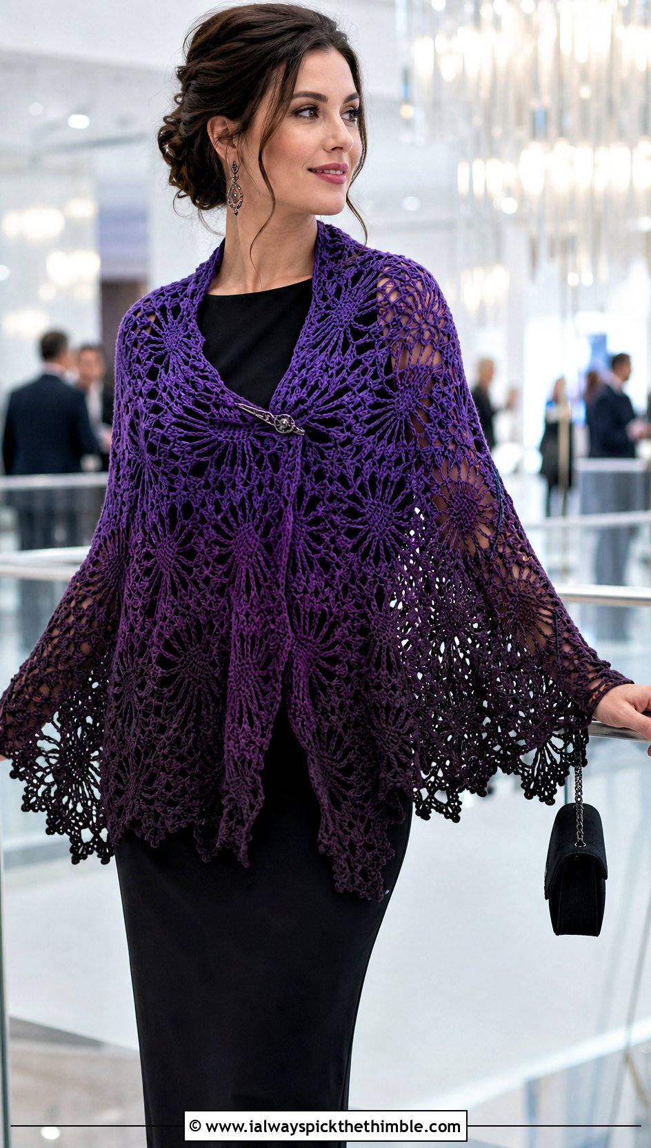 Virus Stitch Mandala Yarn Crochet Shawl With Black Column Dress - 20 Mandala Yarn Crochet Shawl outfit ideas