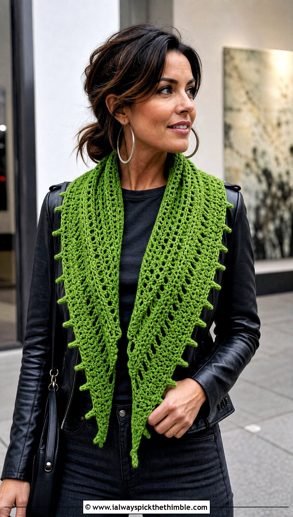 Virus Stitch V Shaped Crochet Shawl With Leather Jacket - 15 V Shaped Crochet Shawl outfit ideas