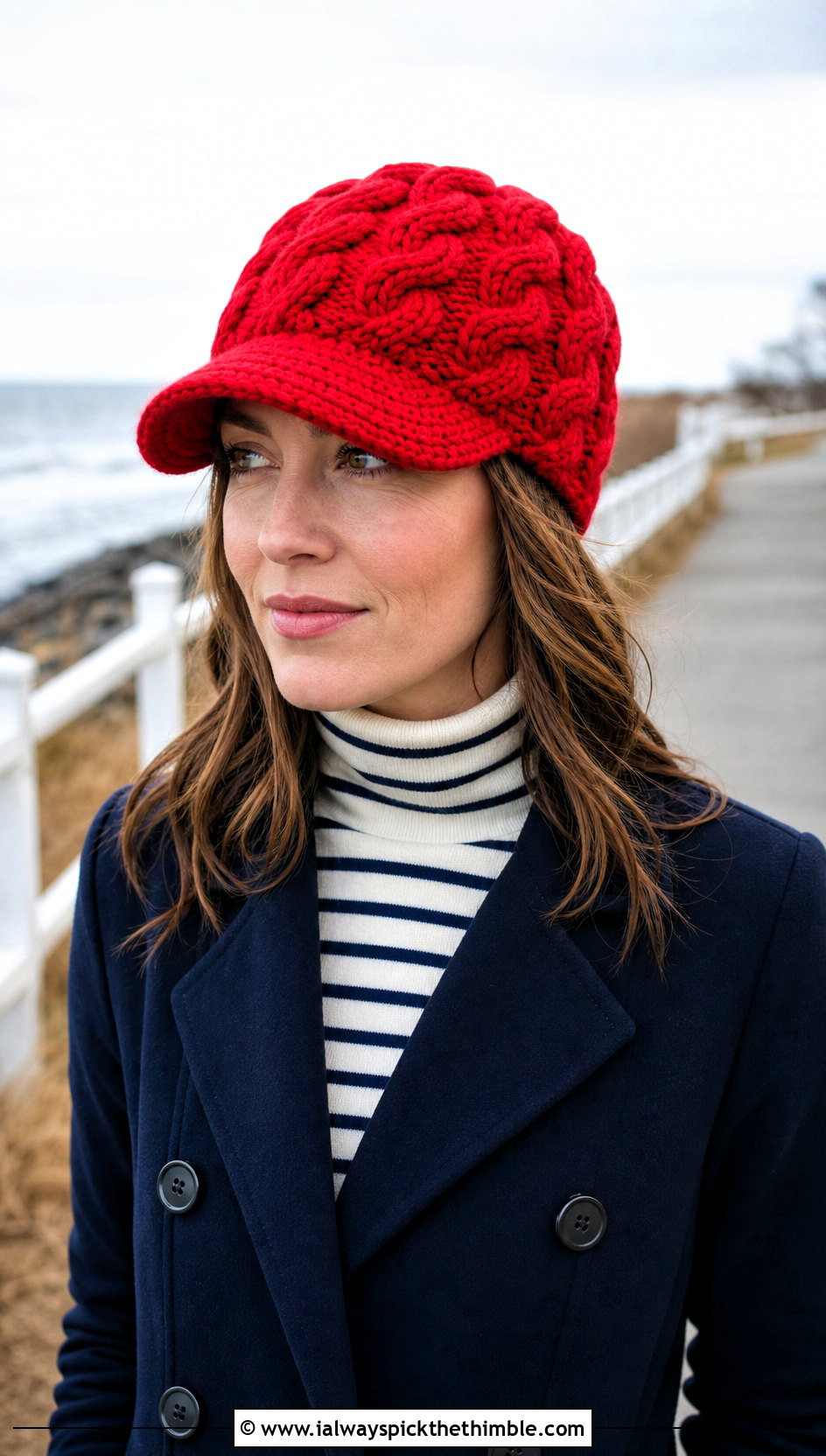 Visor Brim Crochet Cable Hat With Peacoat - 25 crochet cable hat outfit ideas