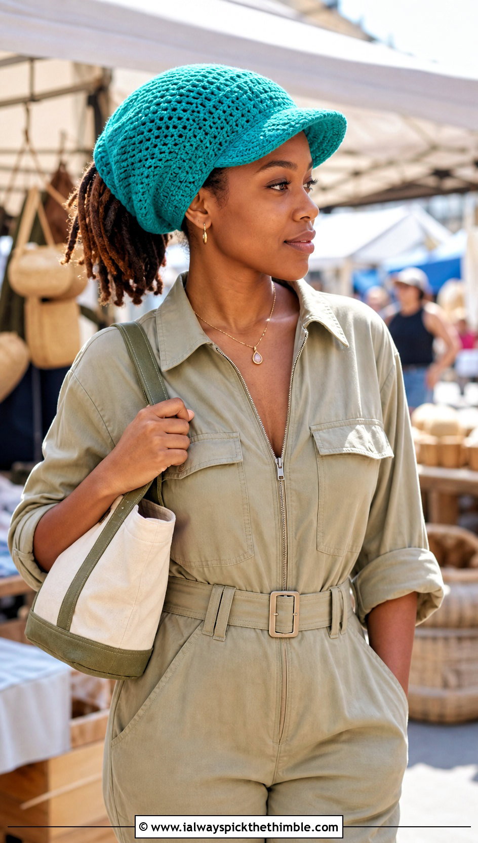Visor Brim Crochet Dreadlock Tam With Utility Jumpsuit - 20 Crochet Dreadlock Hat outfit ideas