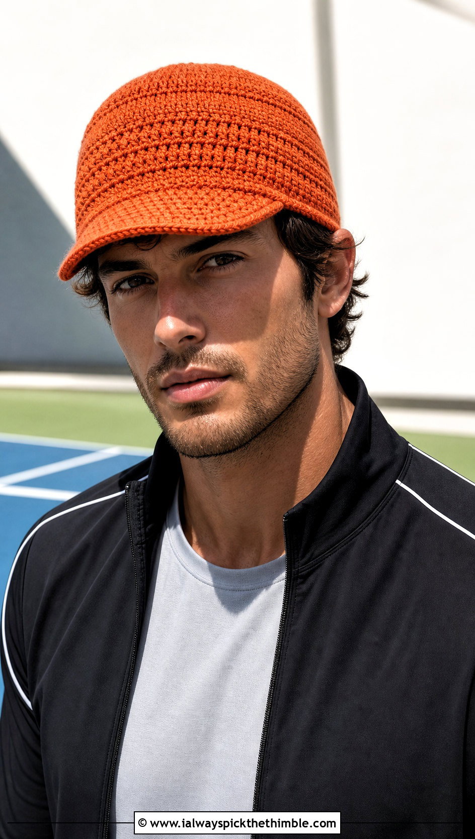 Visor Crochet Beanie With Track Jacket - 25 men's crochet hat outfit ideas