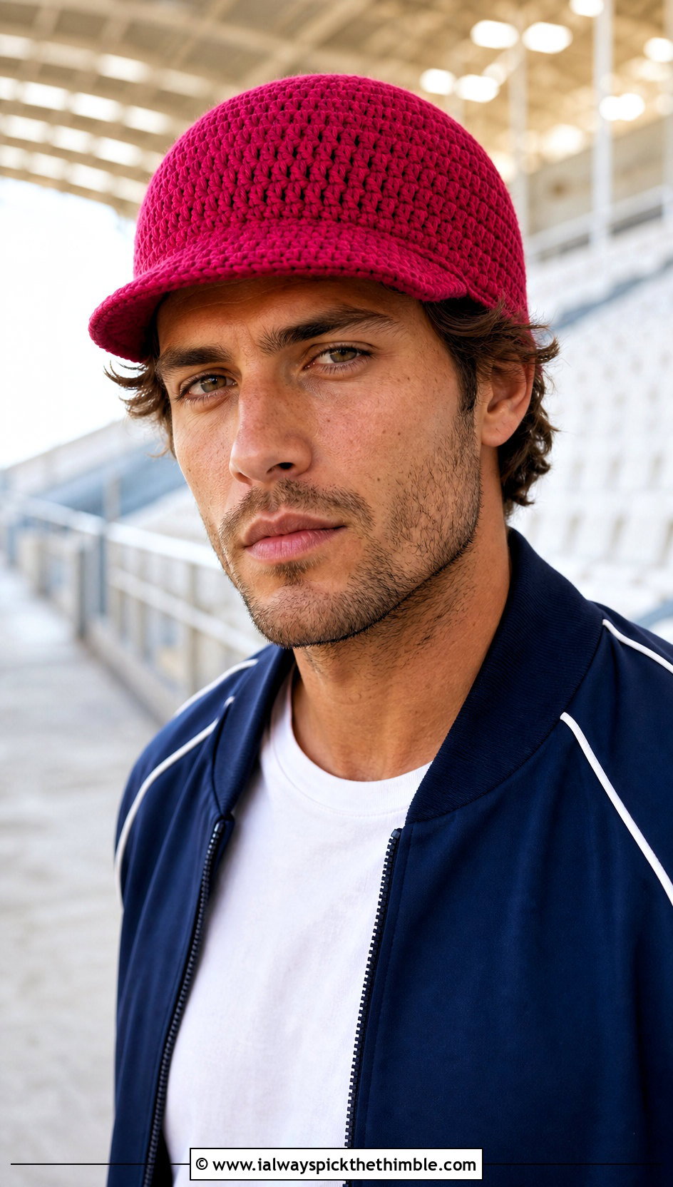 Visor Crochet Beanie With Track Jacket - 25 crochet hat men outfit ideas