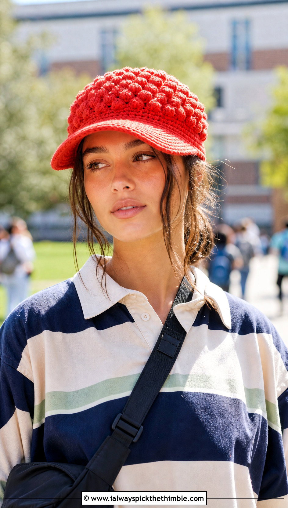 Visor Crochet Bubble Cap With Rugby Shirt And Jeans - 20 Crochet Bubble Hat outfit ideas