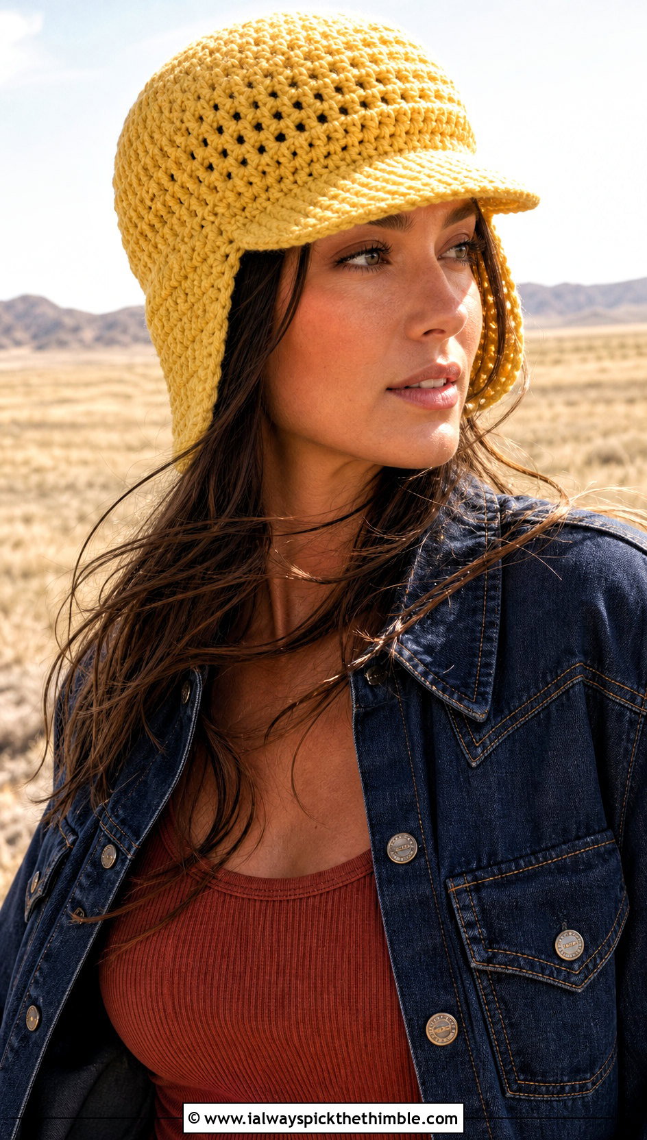 Visor Front Crochet Flap Hat With Western Jacket - 20 crochet flap hat outfit ideas