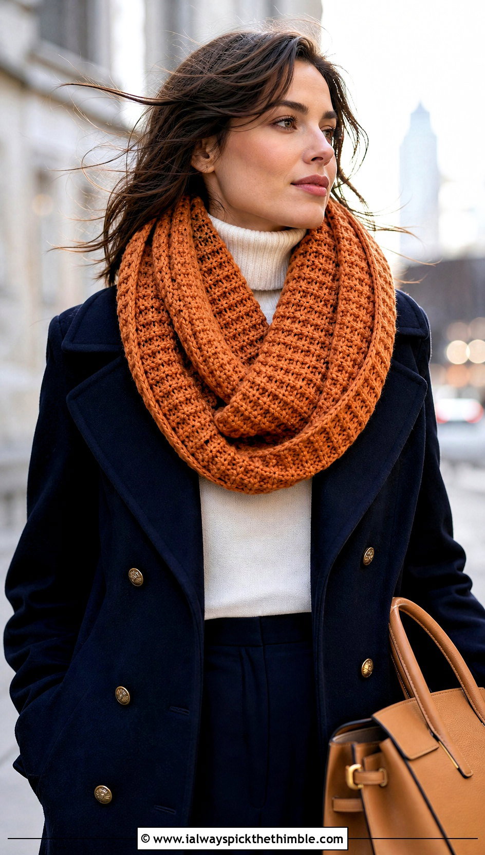 Waffle Crochet Infinity Scarf With Peacoat And Wide Leg Pants - 20 Waffle Crochet Scarf outfit ideas