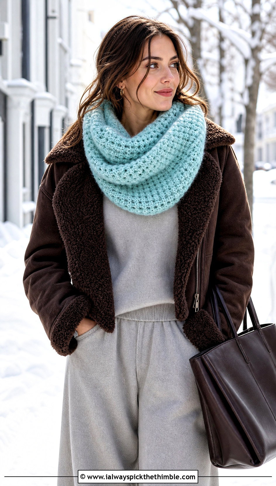 Waffle Crochet Snood Scarf With Shearling Jacket And Knit Set - 20 Waffle Crochet Scarf outfit ideas