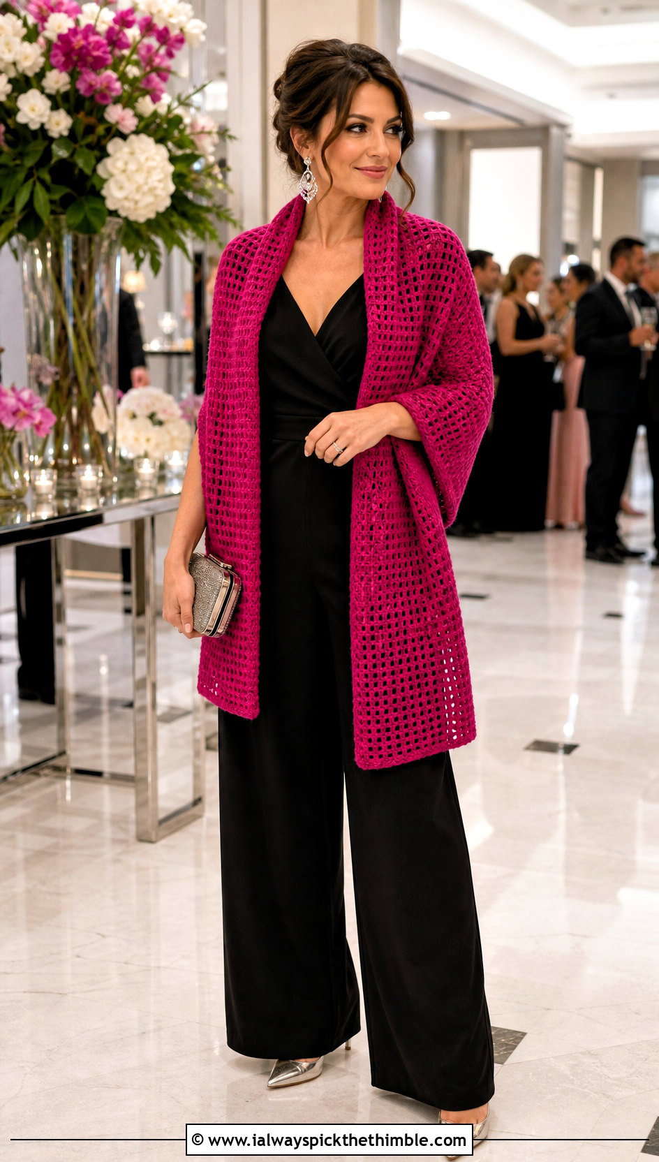 Waffle Crochet Stole With Evening Jumpsuit - 15 Waffle Crochet Shawl outfit ideas