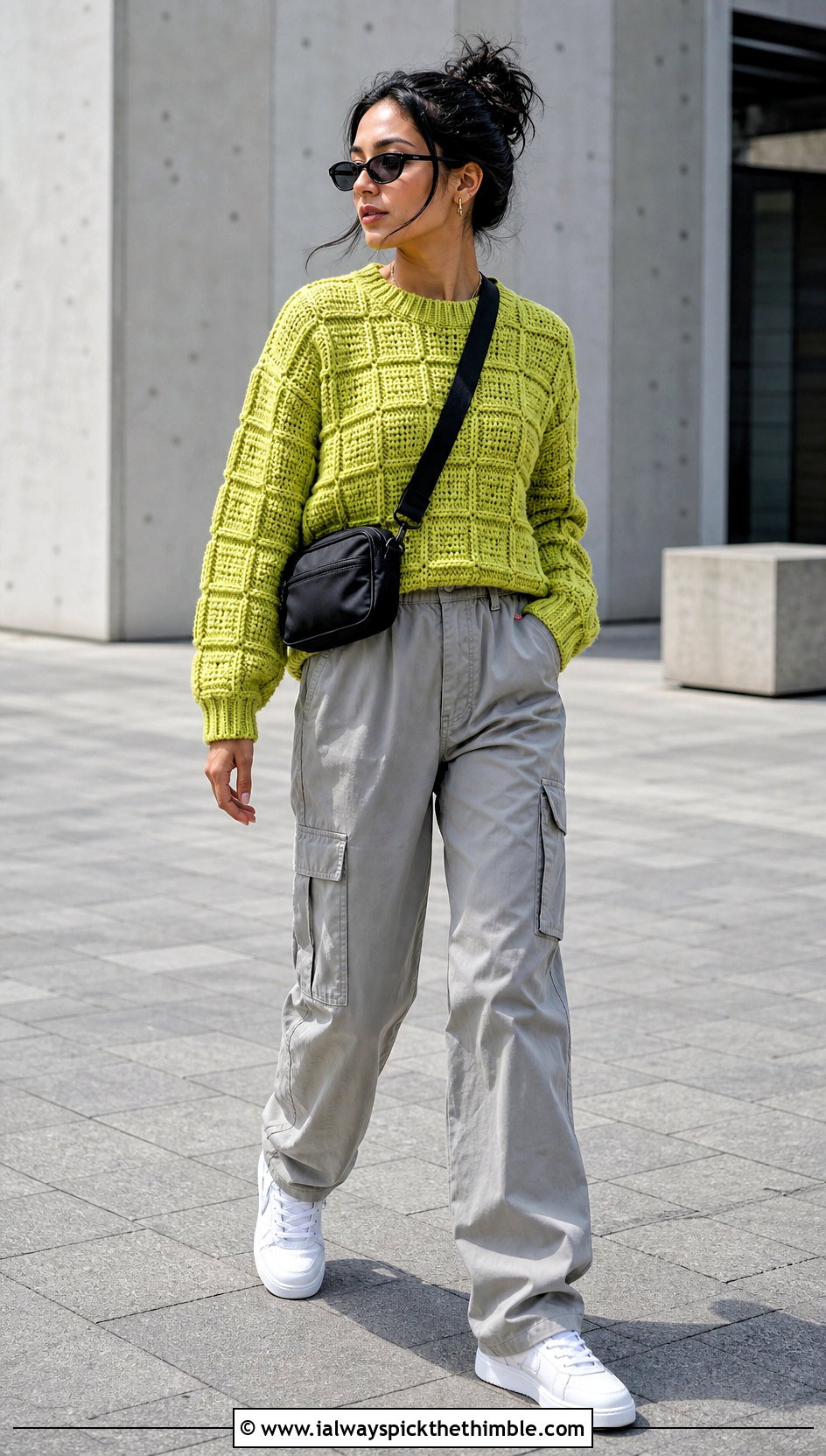 Waffle Knit Look Crochet Sweater With Cargo Pants - 20 knit look crochet sweater outfit ideas