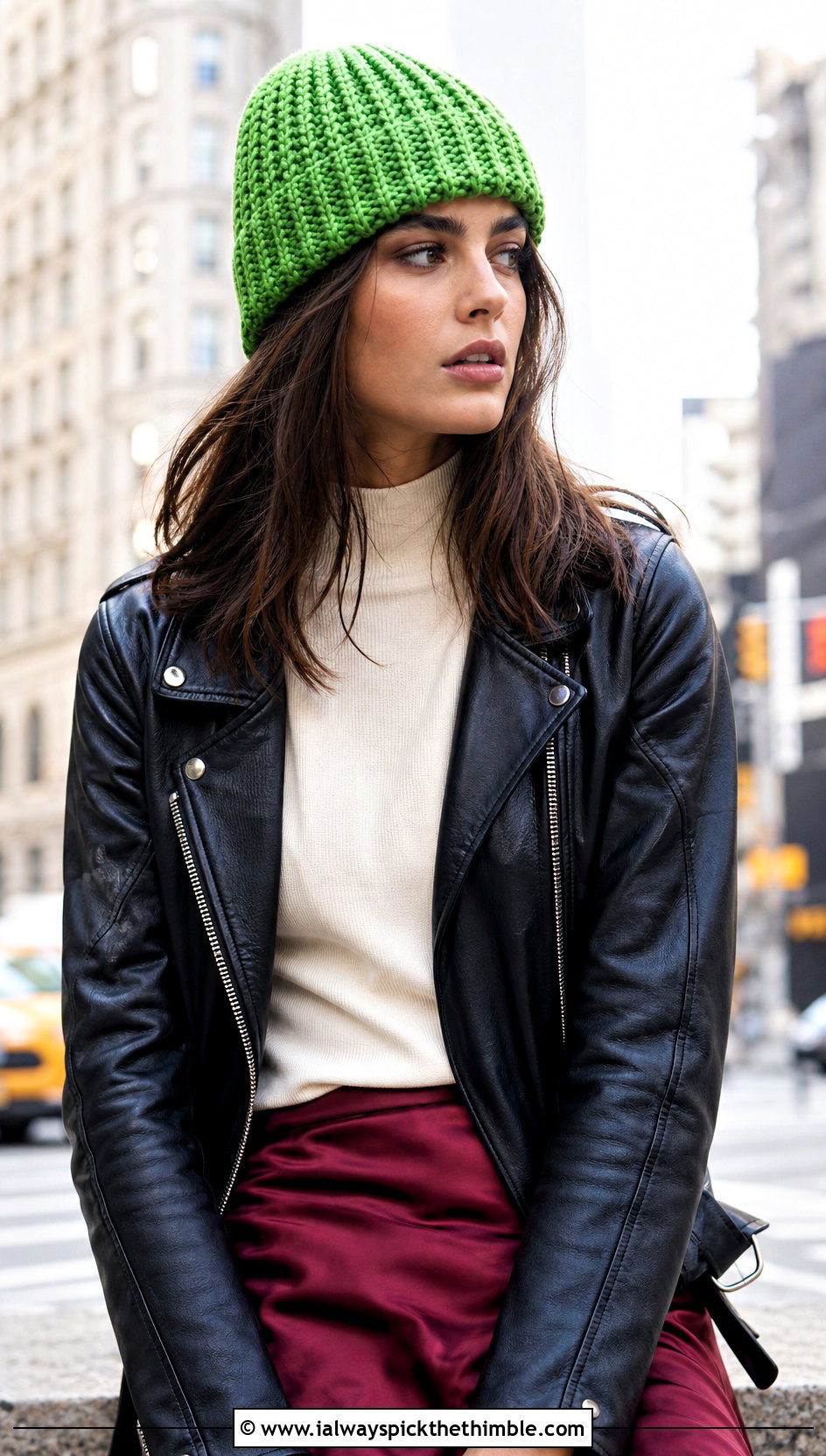 Waffle Stitch Beanie With Leather Jacket And Midi Skirt - 20 crochet stitch hat outfit ideas