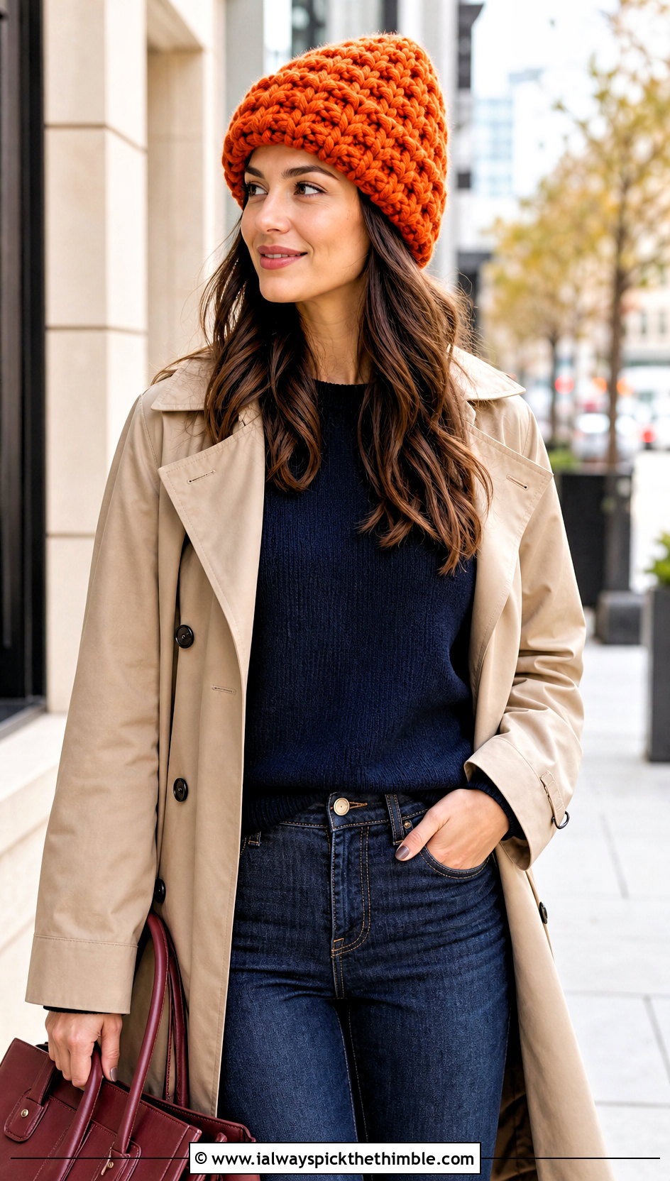Waffle Stitch Beanie With Trench Coat And Dark Denim - 15 Crochet Beanie With Super Bulky Yarn outfit ideas