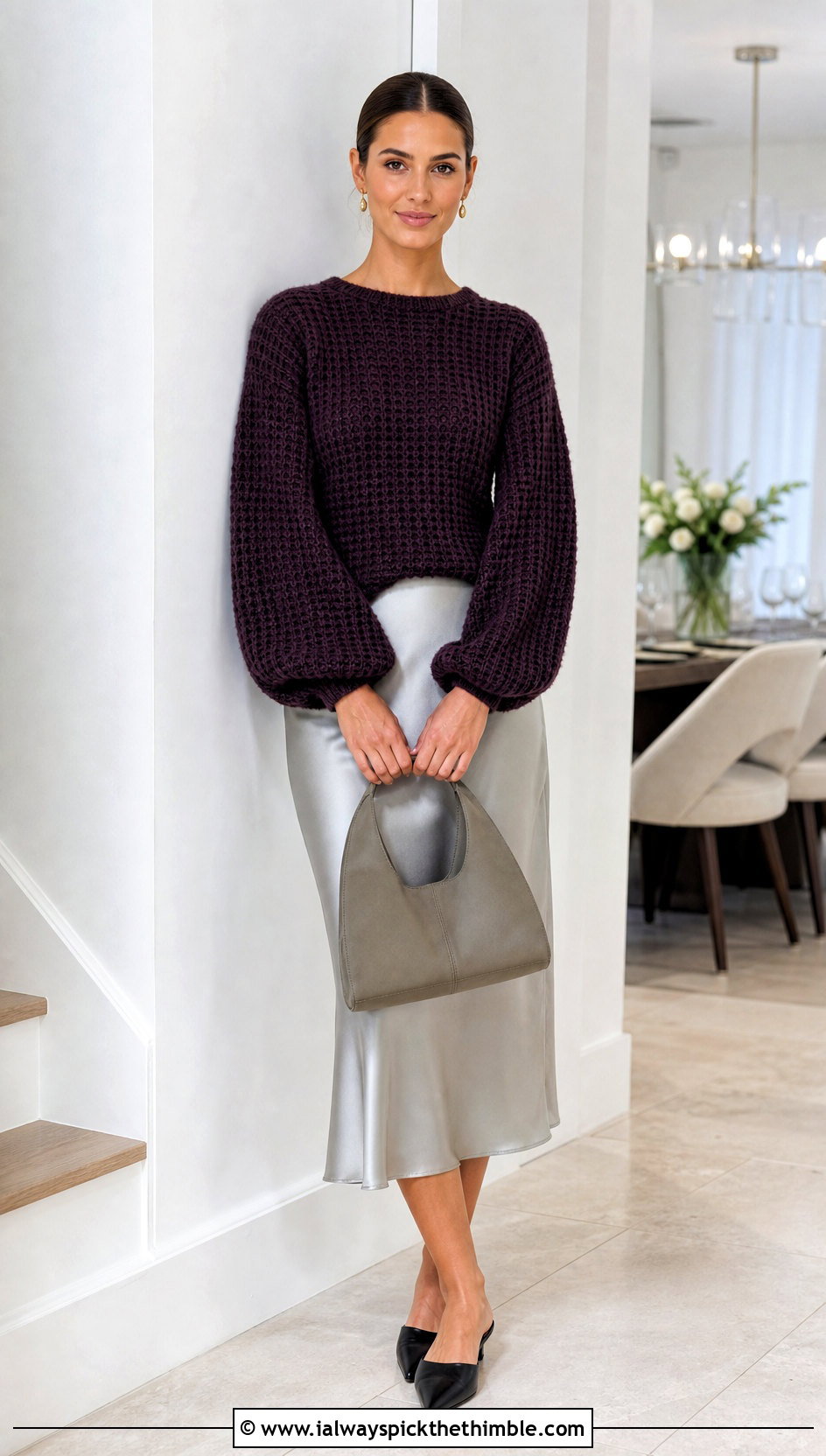 Waffle Stitch Bishop Sleeve Crochet Pullover With Slip Skirt - 20 women crochet pullover outfit ideas