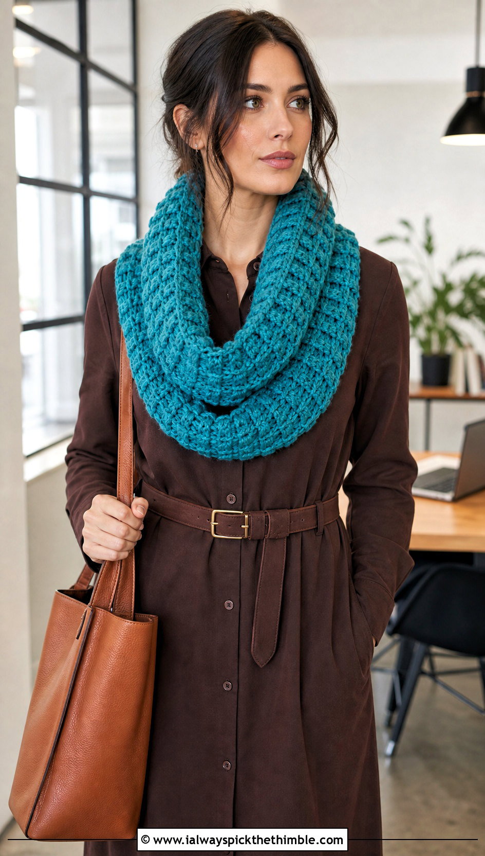 Waffle Stitch Bulky Crochet Cowl With Shirt Dress - 20 Bulky Crochet Cowl outfit ideas