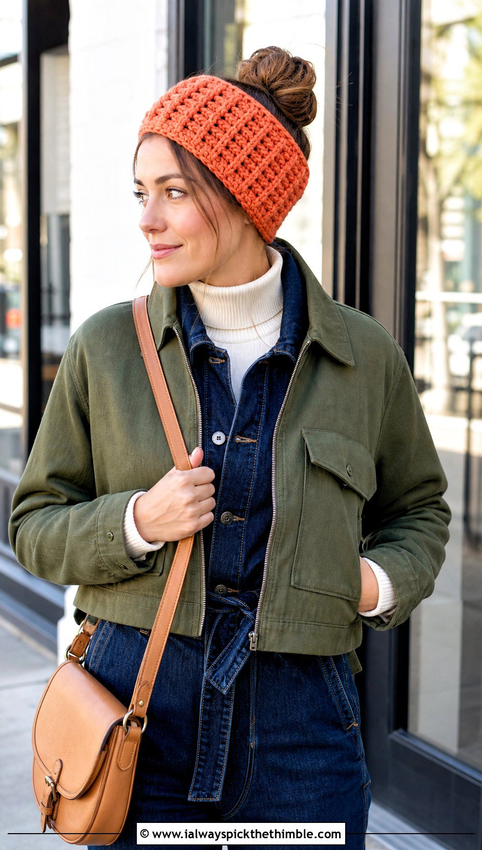 Waffle Stitch Bulky Crochet Ear Warmer With Denim Jumpsuit - 20 Bulky Crochet Ear Warmer outfit ideas