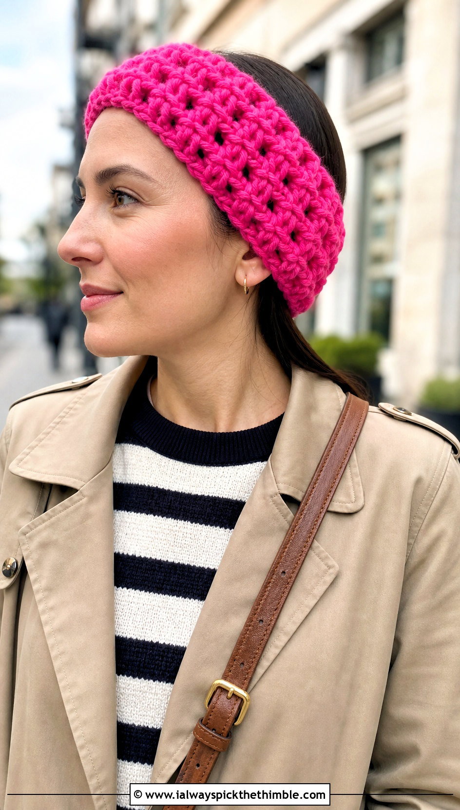 Waffle Stitch Bulky Yarn Crochet Headband With Trench Coat - 20 bulky yarn crochet headband outfit ideas