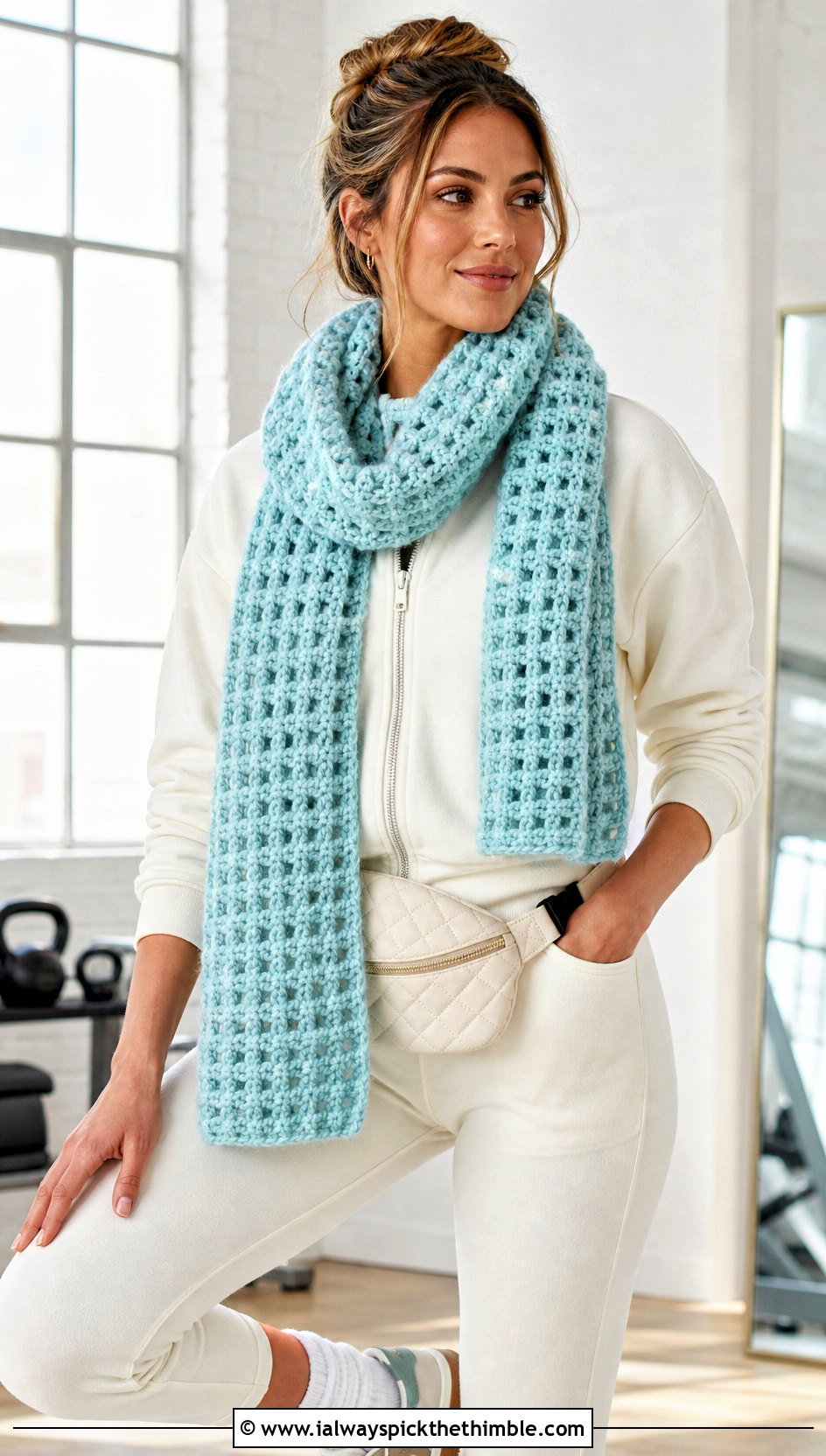 Waffle Stitch Bulky Yarn Crochet Scarf With Athleisure Set - 20 bulky yarn crochet scarf outfit ideas