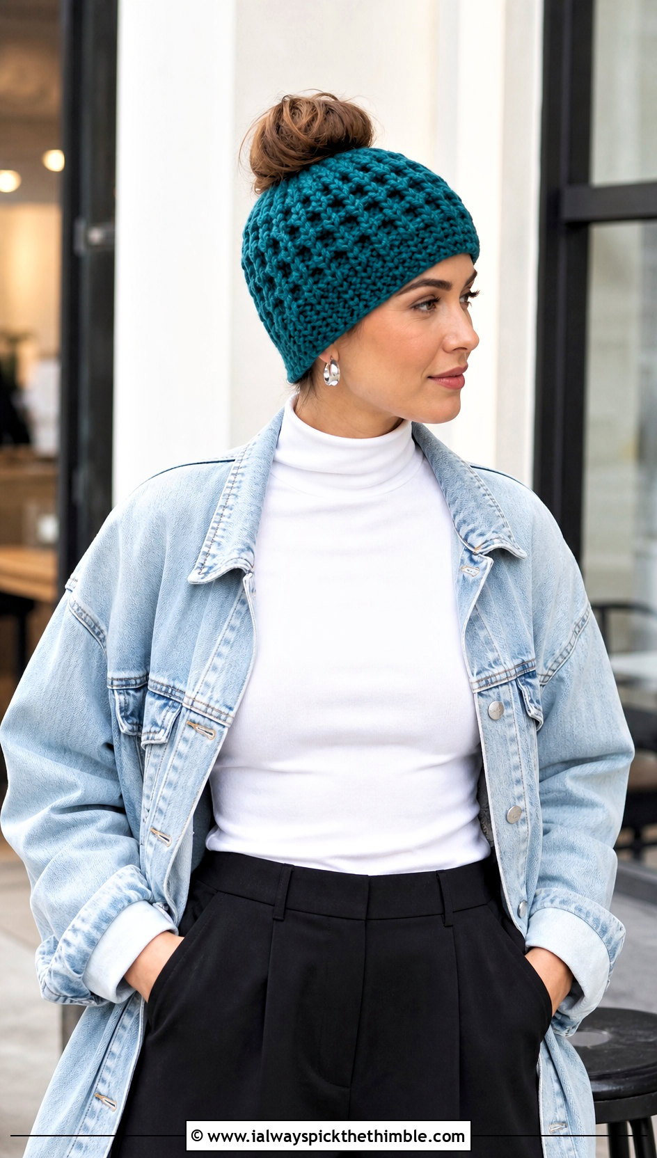 Waffle Stitch Bun Hat With Denim Jacket - 15 bun crochet hat outfit ideas