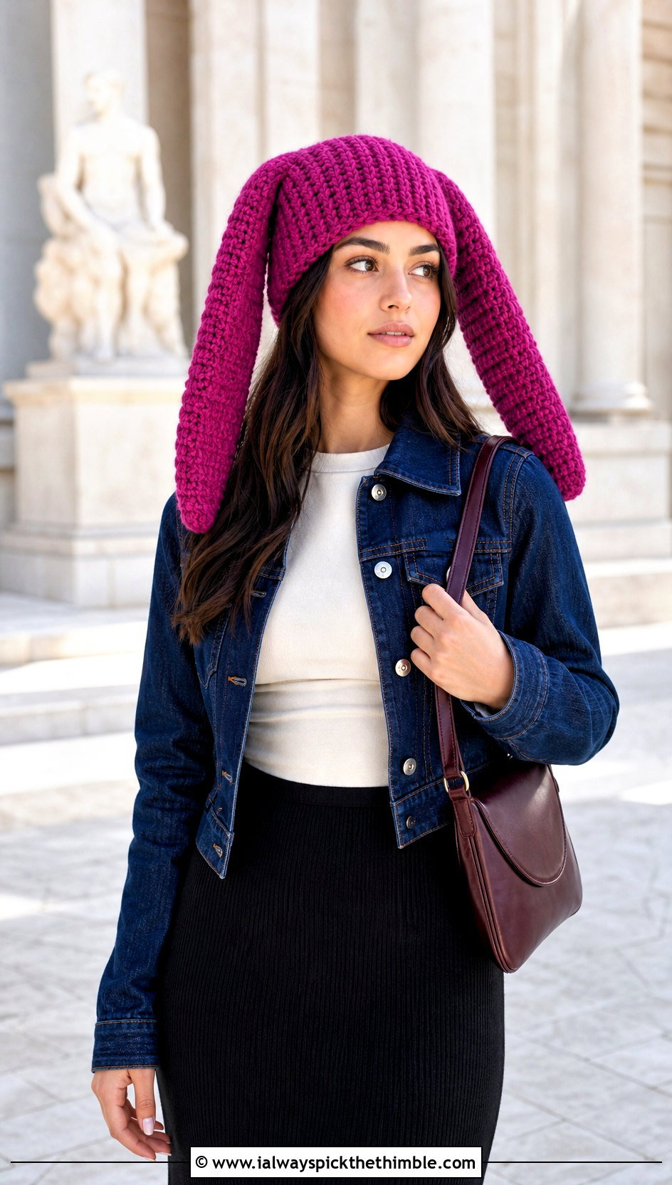 Waffle Stitch Bunny Ear Hat With Denim Jacket And Column Skirt - 15 Sincerity Is Scary Crochet Hat outfit ideas