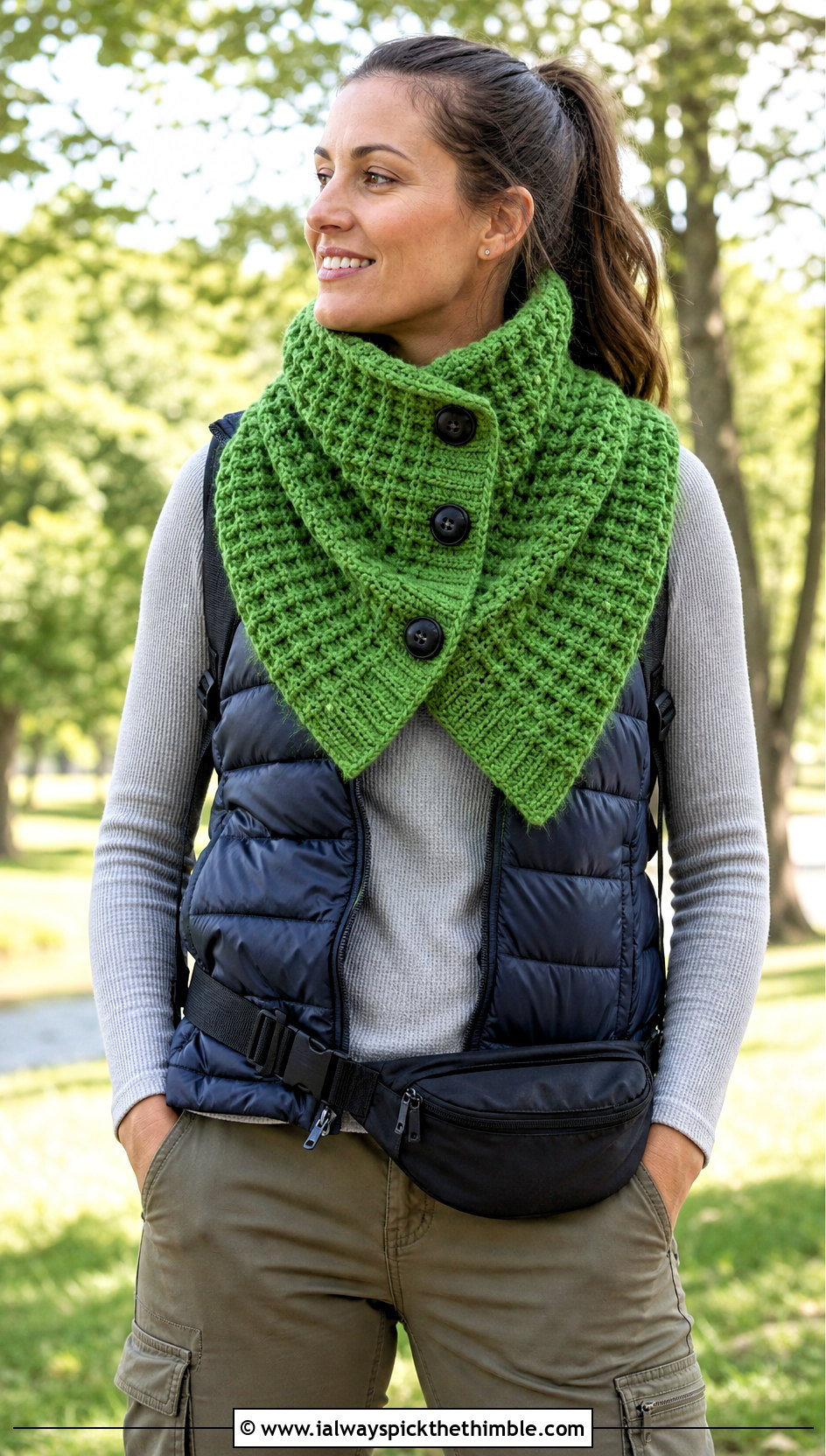 Waffle Stitch Button Cowl With Puffer Vest - 20 crochet button cowl outfit ideas