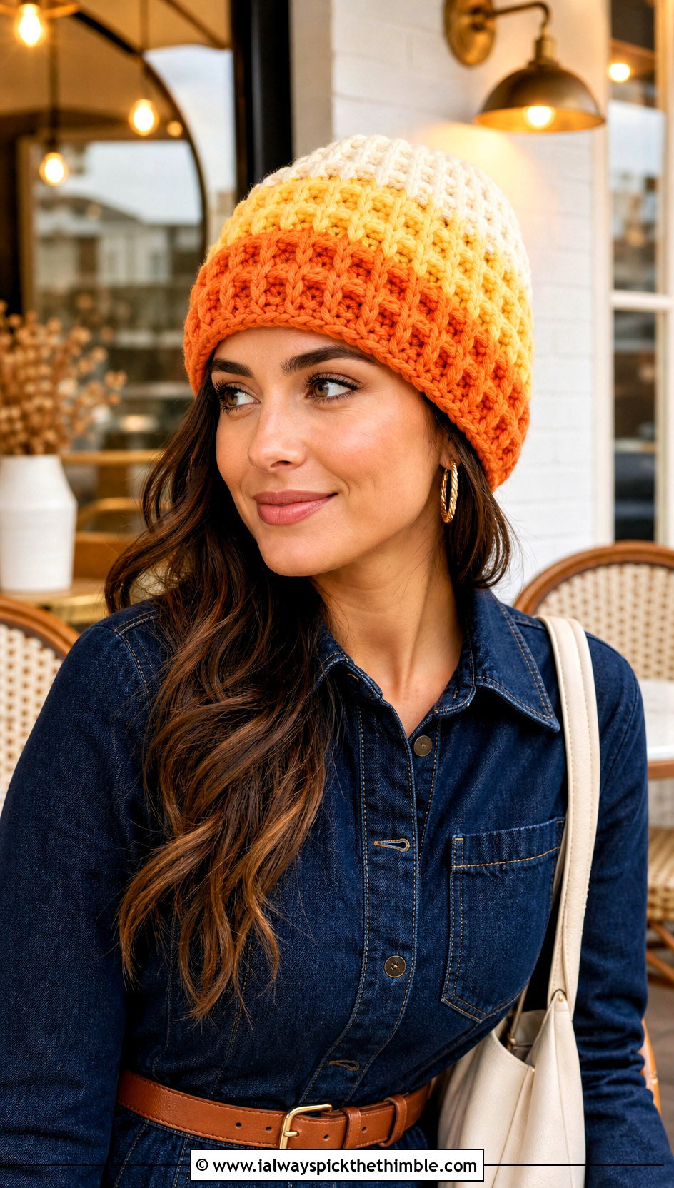 Waffle Stitch Candy Corn Crochet Beanie With Denim Dress - 15 candy corn crochet beanie outfit ideas