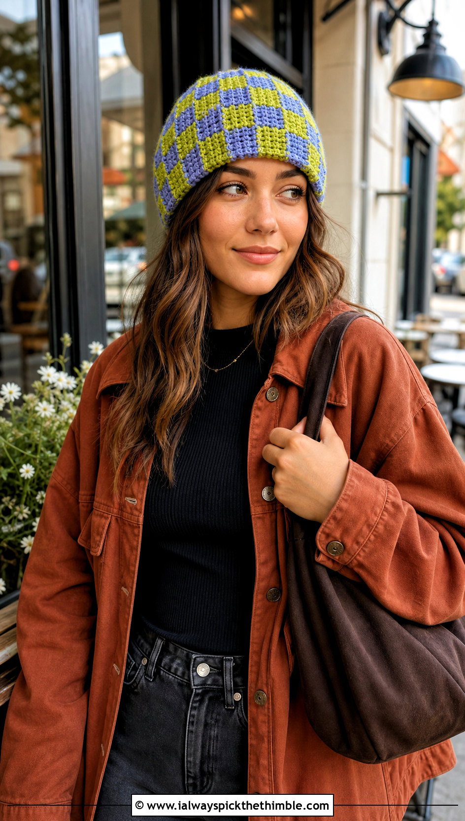 Waffle Stitch Checkered Beanie With Shacket - 25 crochet checkered beanie outfit ideas