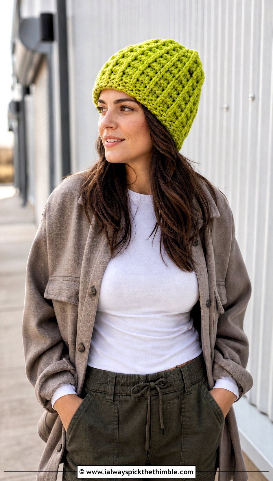 Waffle Stitch Chunky Crochet Beanie With Shacket And Utility Pants - 20 Easy Chunky Crochet Hat outfit ideas