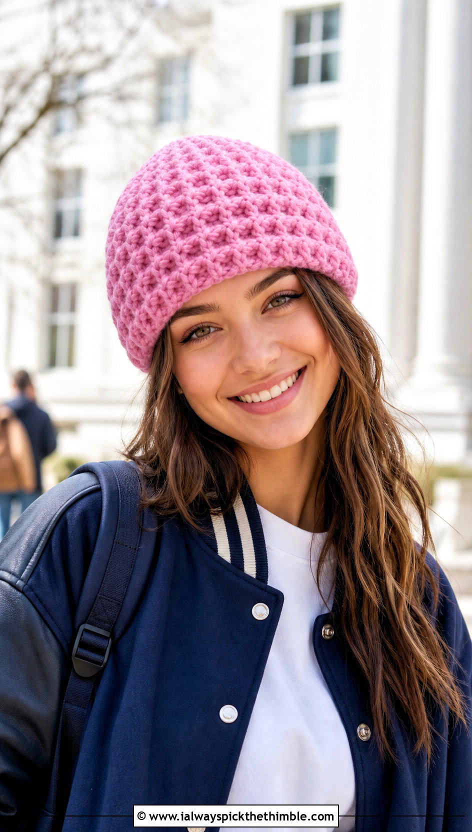 Waffle Stitch Chunky Crochet Beanie With Varsity Jacket And Jeans - 20 chunky yarn crochet hat outfit ideas