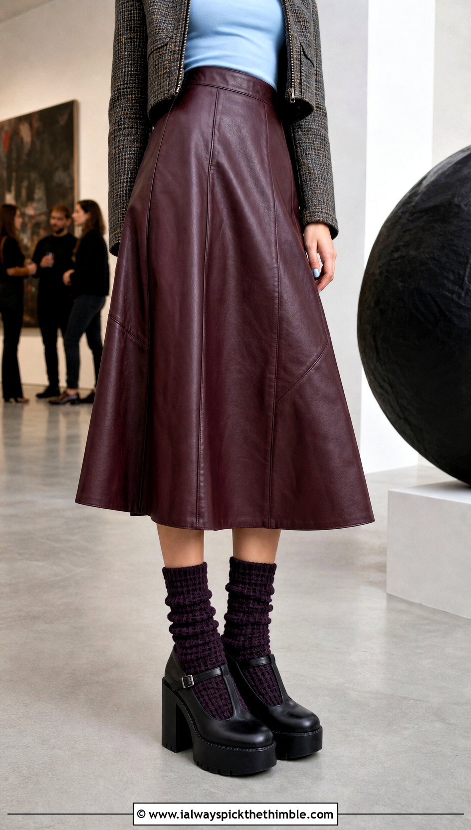 Waffle Stitch Chunky Crochet Crew Socks With A Leather Midi Skirt - 15 crochet sock chunky yarn outfit ideas