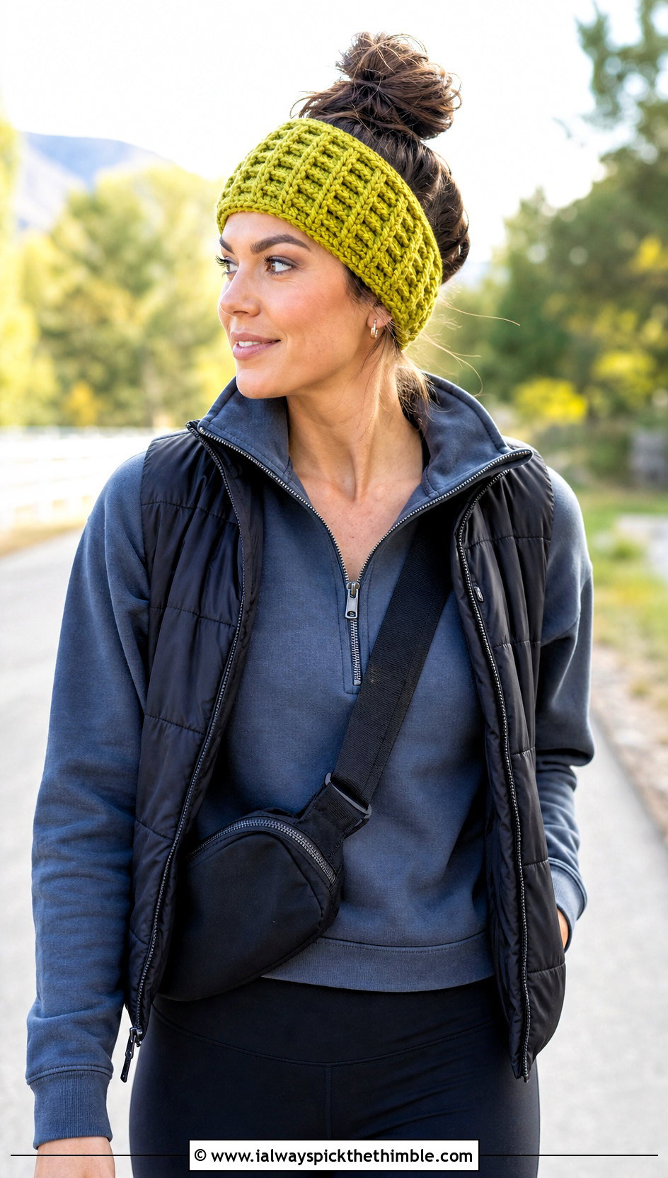 Waffle Stitch Chunky Crochet Headband With Athleisure - 20 chunky crochet headband outfit ideas