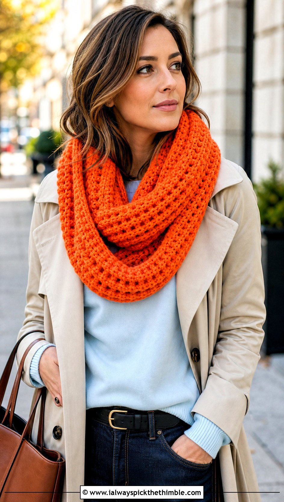 Waffle Stitch Chunky Crochet Infinity Scarf With Trench Coat - 20 Chunky Crochet Infinity Scarf outfit ideas