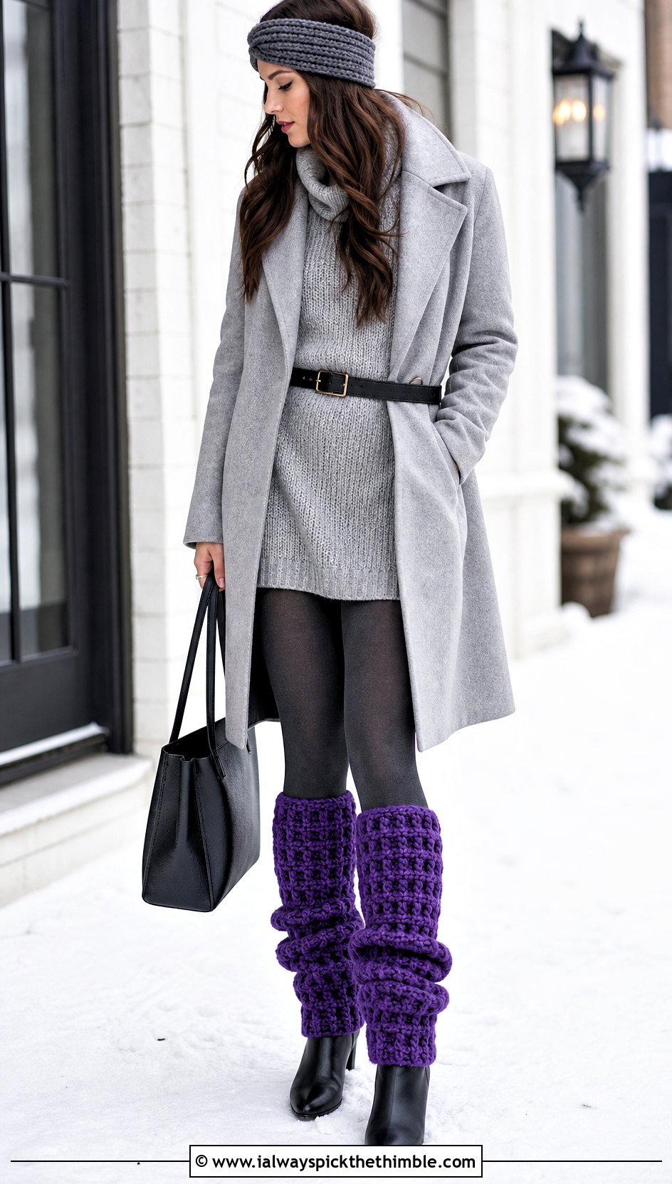 Waffle Stitch Chunky Crochet Leg Warmers With Sweater Dress And Boots - 20 chunky crochet leg warmers outfit ideas