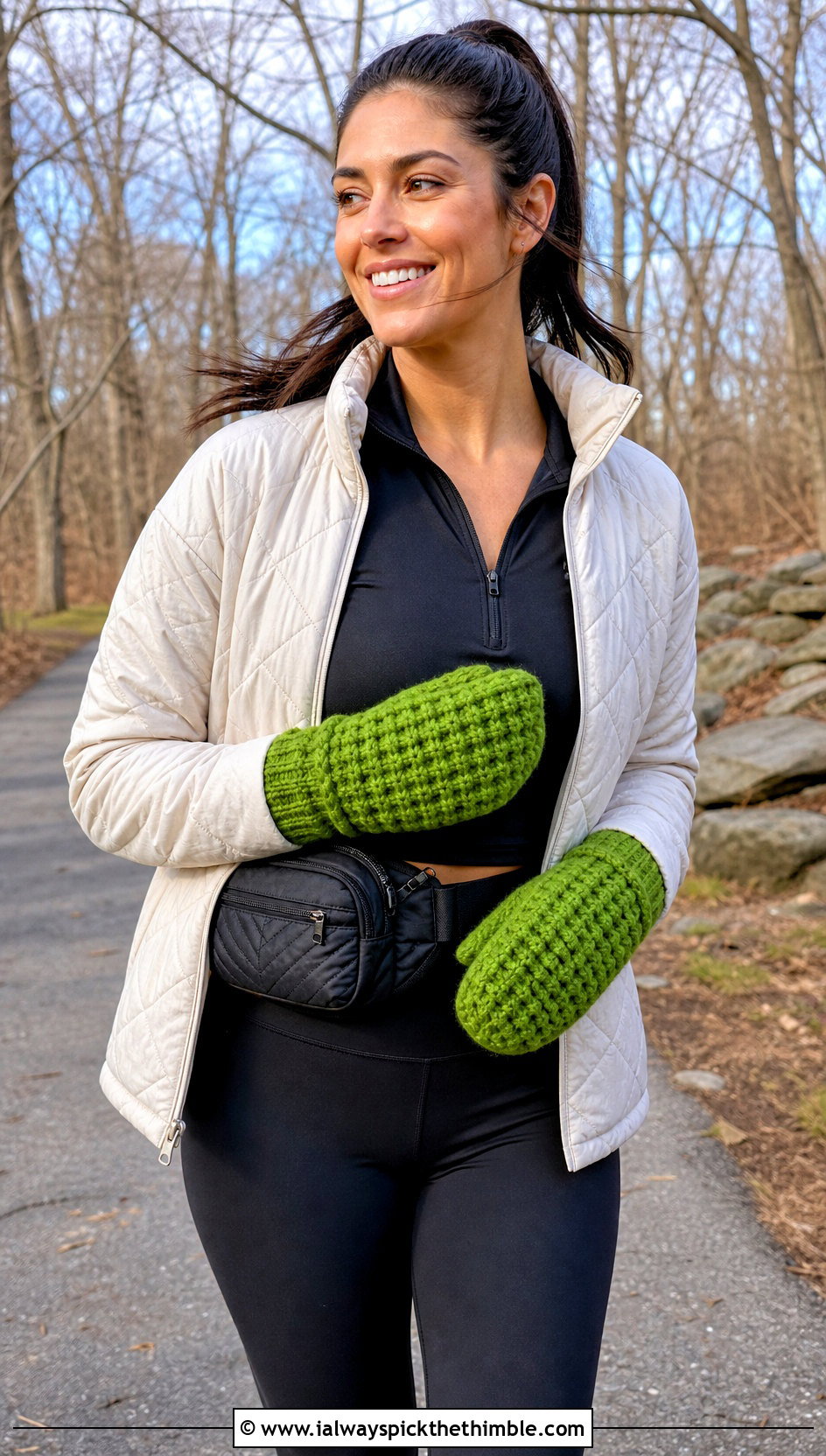 Waffle Stitch Chunky Crochet Mittens With Quilted Jacket and Leggings - 20 Chunky Yarn Crochet Mittens outfit ideas