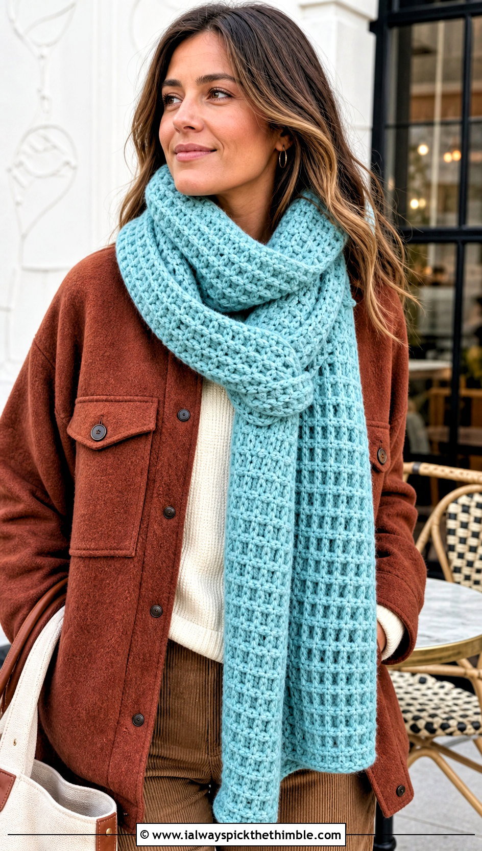 Waffle Stitch Chunky Crochet Scarf With Shacket - 25 chunky crochet scarf outfit ideas