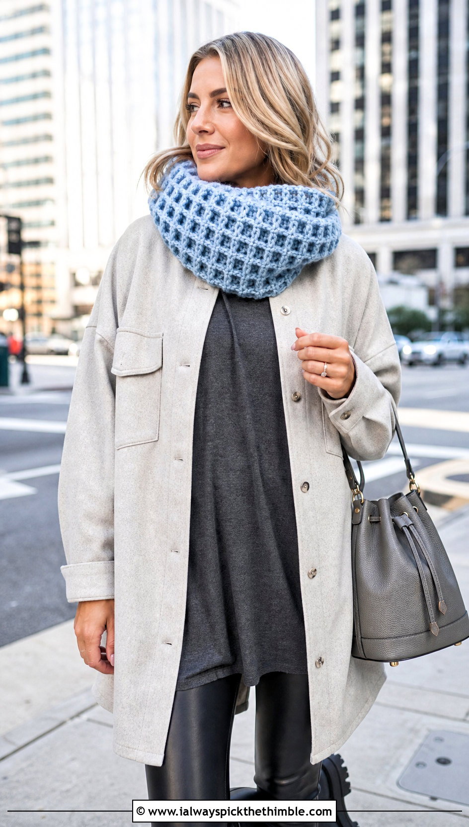 Waffle Stitch Chunky Yarn Crochet Cowl With Shacket And Leather Leggings - 20 Chunky Yarn Crochet Cowl outfit ideas