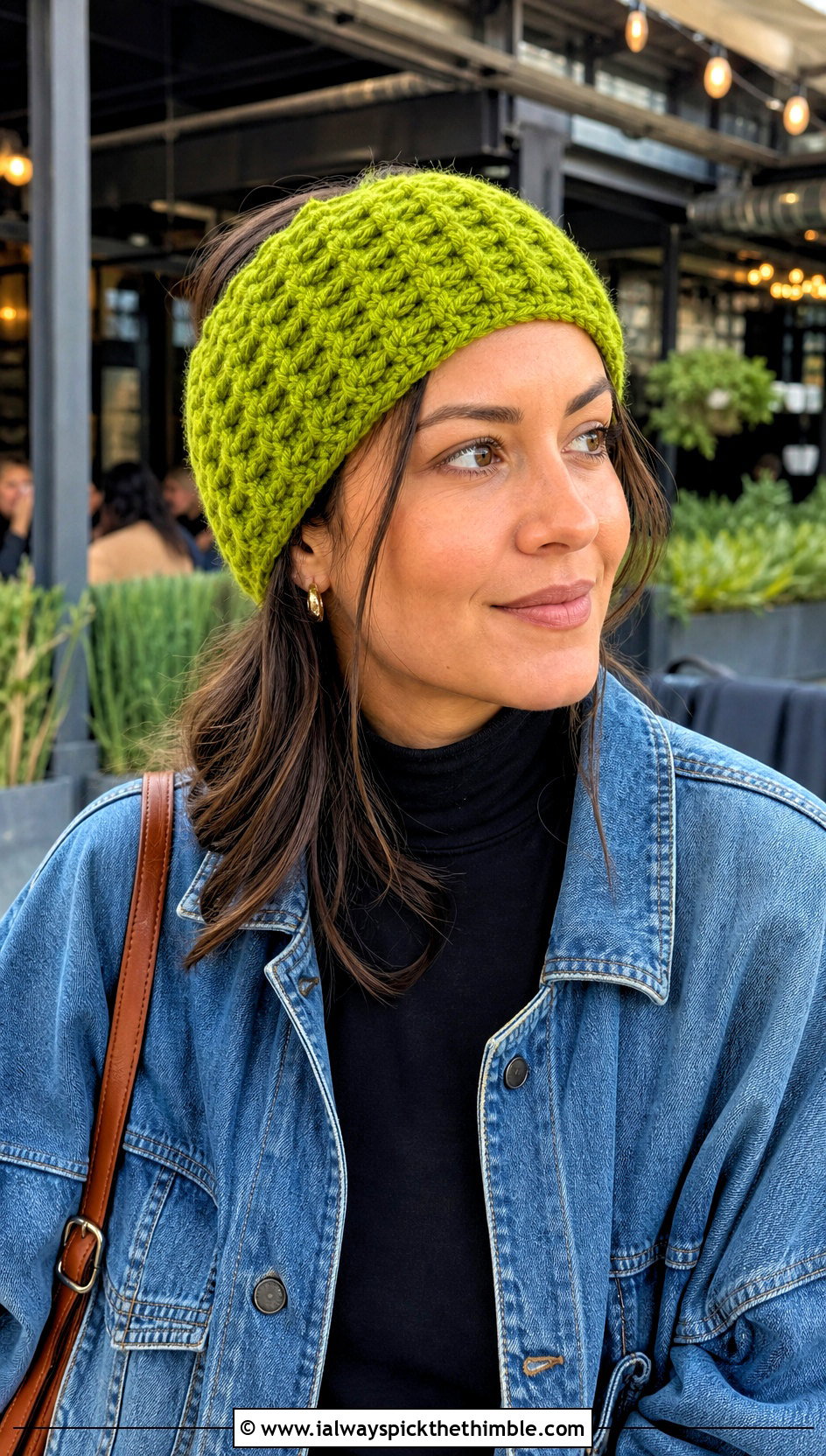 Waffle Stitch Chunky Yarn Crochet Ear Warmer With Denim Jacket - 20 chunky yarn crochet ear warmer outfit ideas