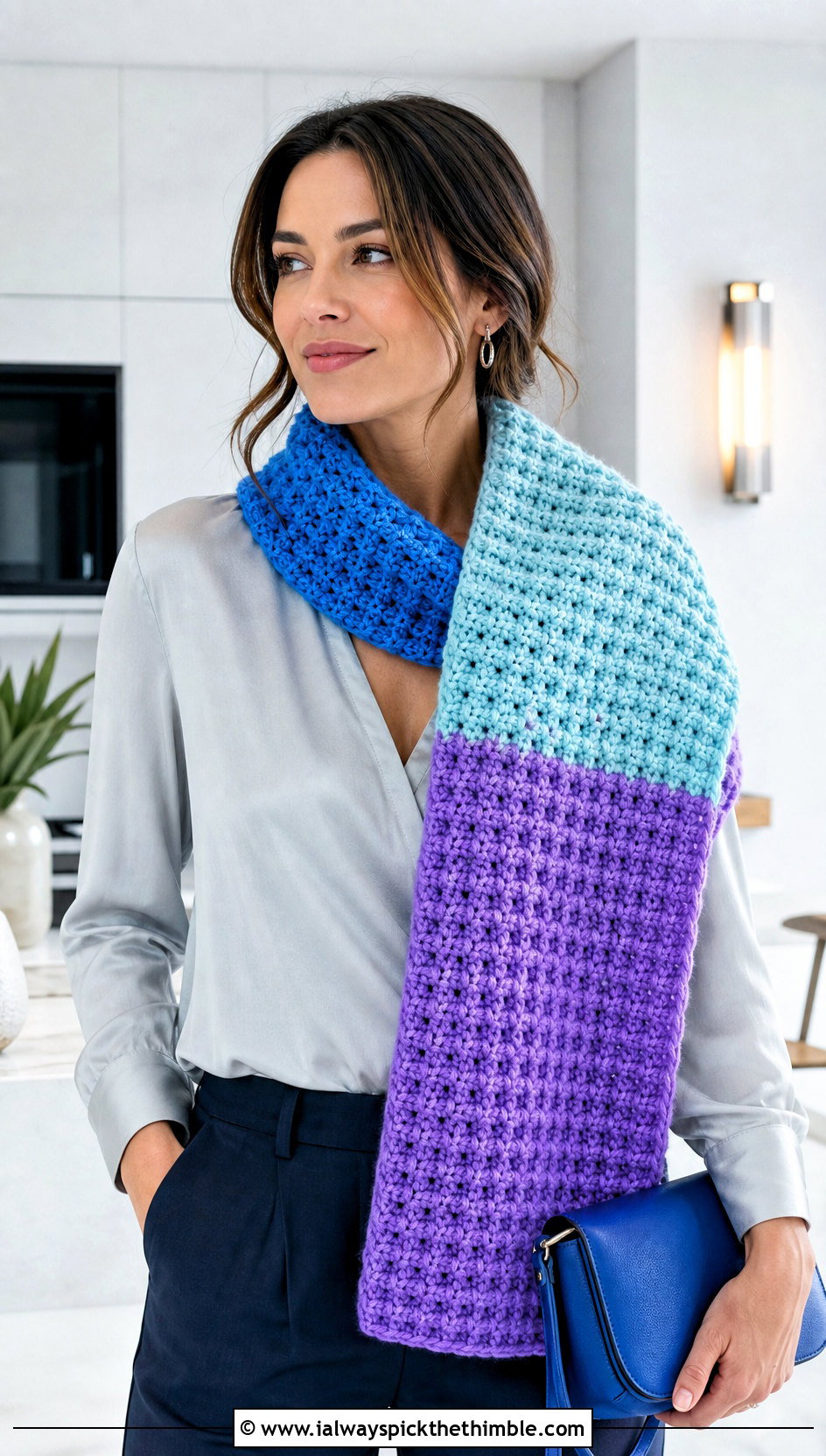 Waffle Stitch Color Block Crochet Scarf With Satin Blouse - 20 Color Block Crochet Scarf outfit ideas