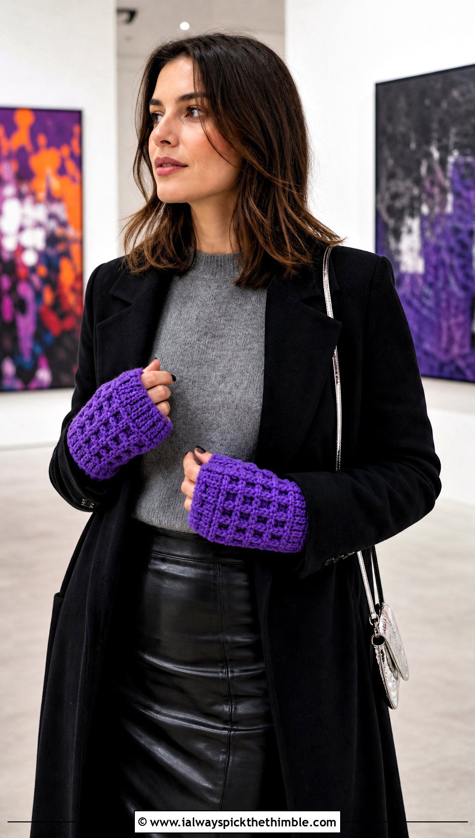 Waffle Stitch Convertible Crochet Mittens With Leather Skirt - 20 Convertible Crochet Fingerless Mittens outfit ideas