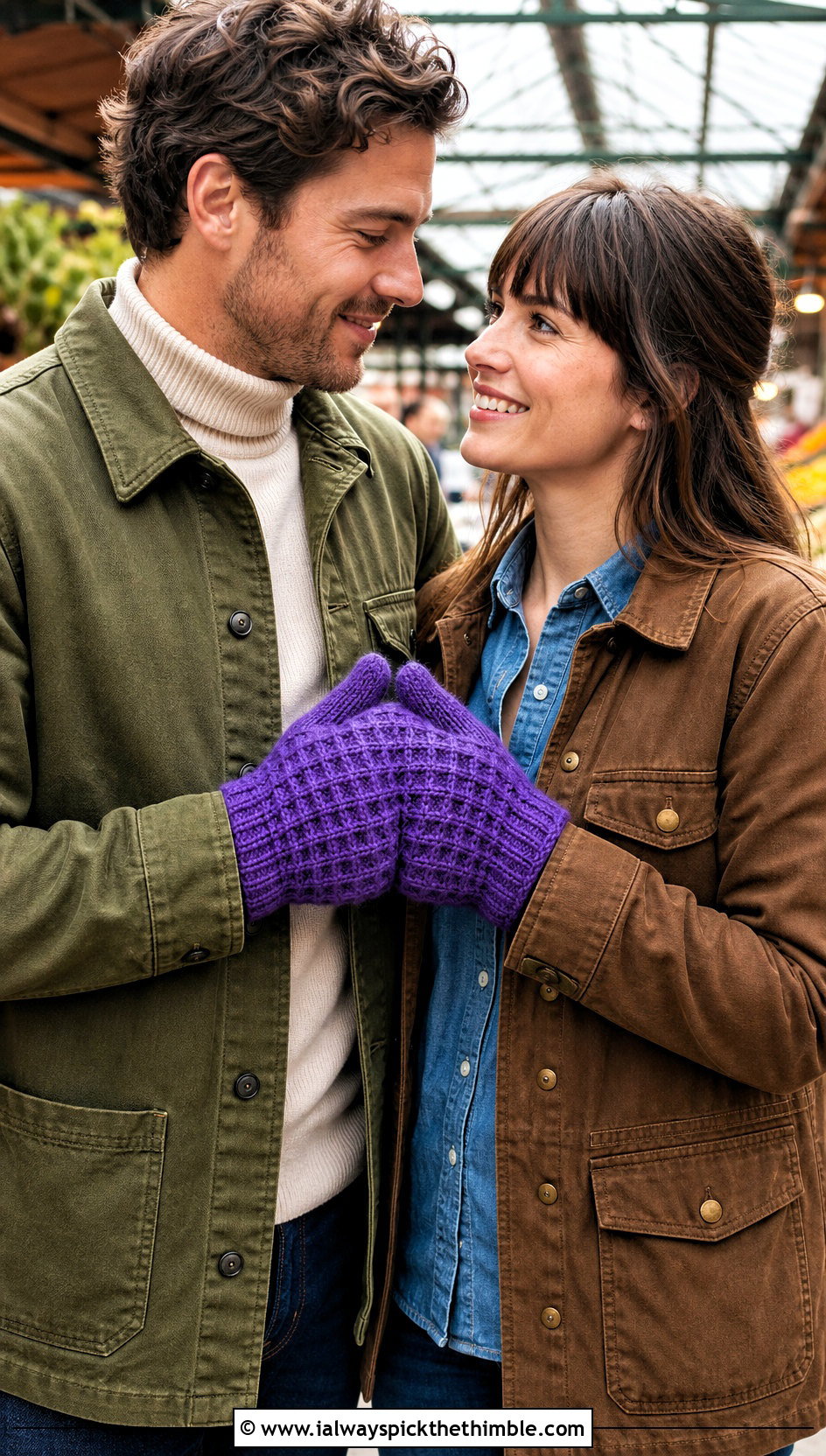 Waffle Stitch Couple Mittens With Workwear Jackets - 20 crochet couple mittens outfit ideas