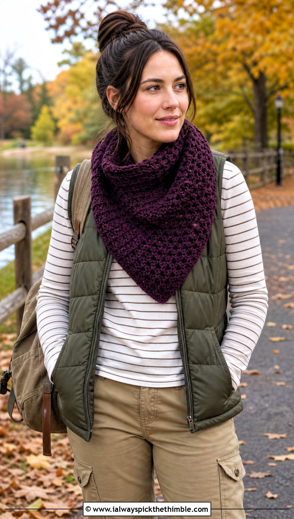 Waffle Stitch Crochet Bandana Cowl With Puffer Vest - 20 crochet bandana cowl outfit ideas