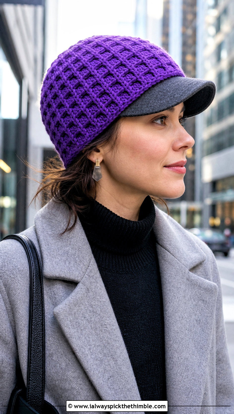 Waffle Stitch Crochet Baseball Hat Ear Warmer With Tailored Coat - 20 Crochet Baseball Hat Ear Warmer outfit ideas