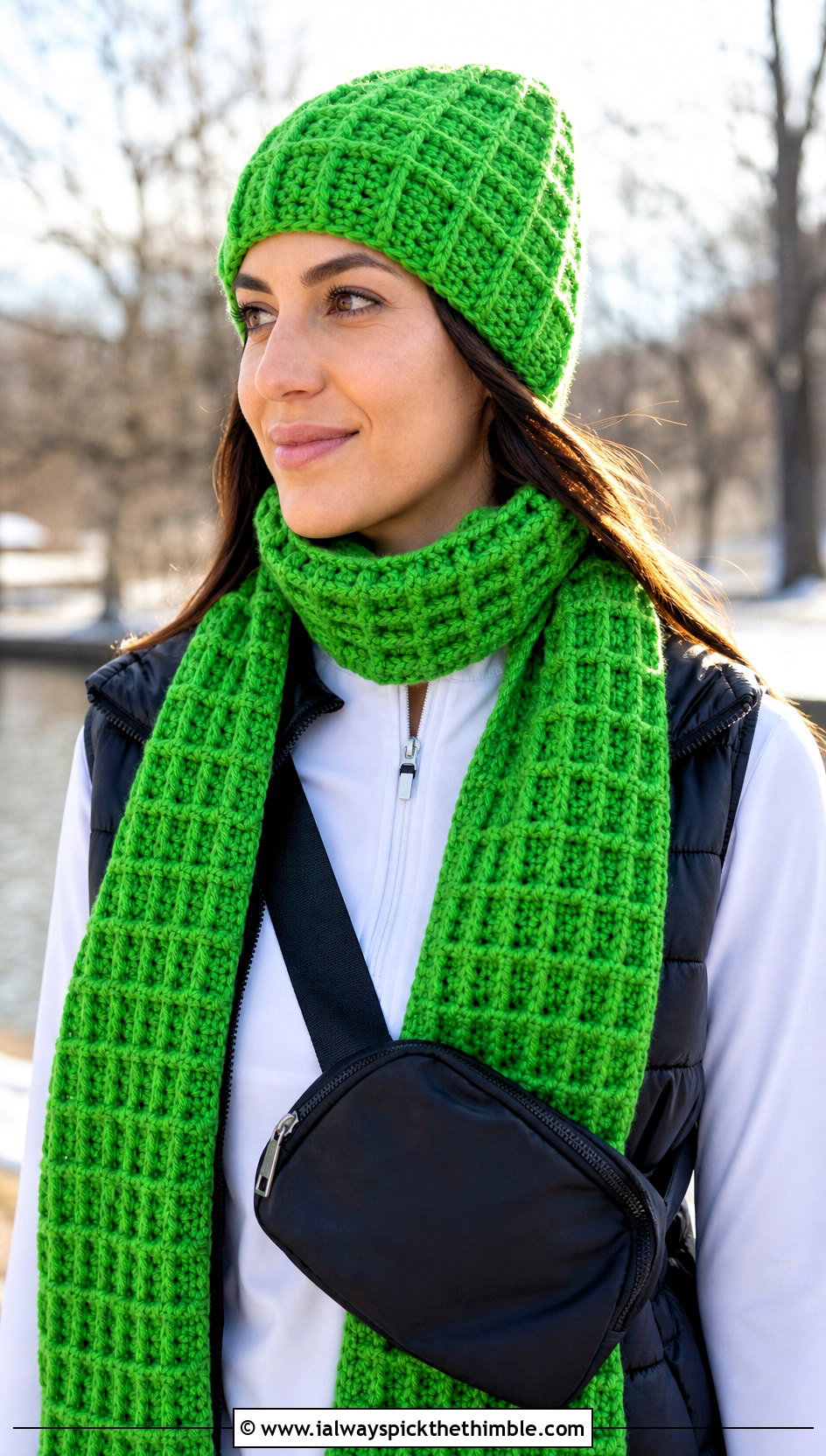 Waffle Stitch Crochet Beanie And Scarf Set With Puffer Vest - 20 crochet beanie and scarf set outfit ideas