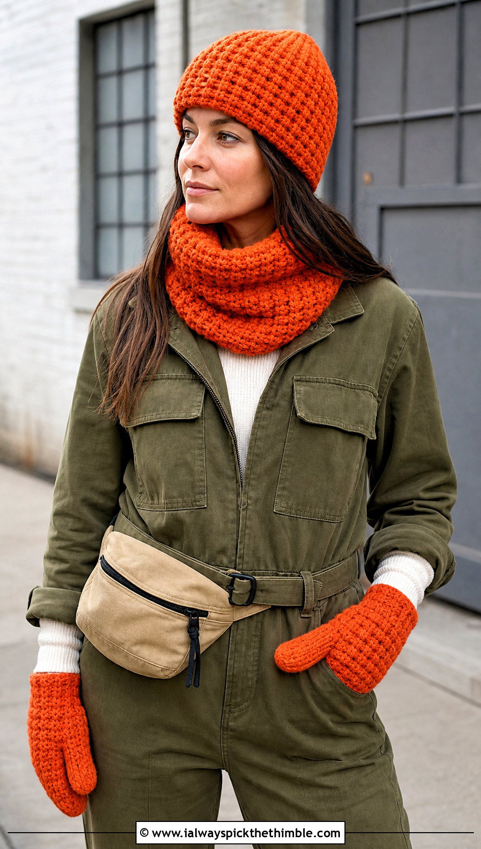 Waffle Stitch Crochet Beanie Cowl And Mittens With Utility Jumpsuit - 20 Crochet Hat Mittens Scarf Set outfit ideas