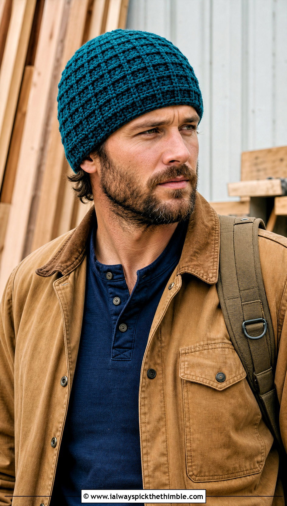 Waffle Stitch Crochet Beanie With Chore Jacket - 20 crochet for men's beanies outfit ideas