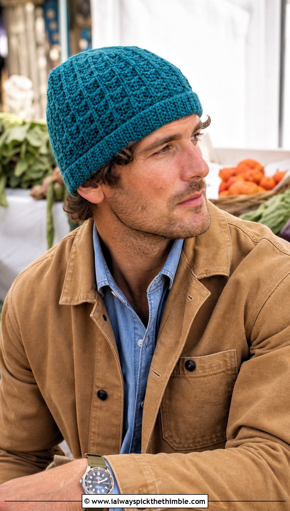 Waffle Stitch Crochet Beanie With Chore Jacket - 20 Easy Mens Crochet Beanie outfit ideas