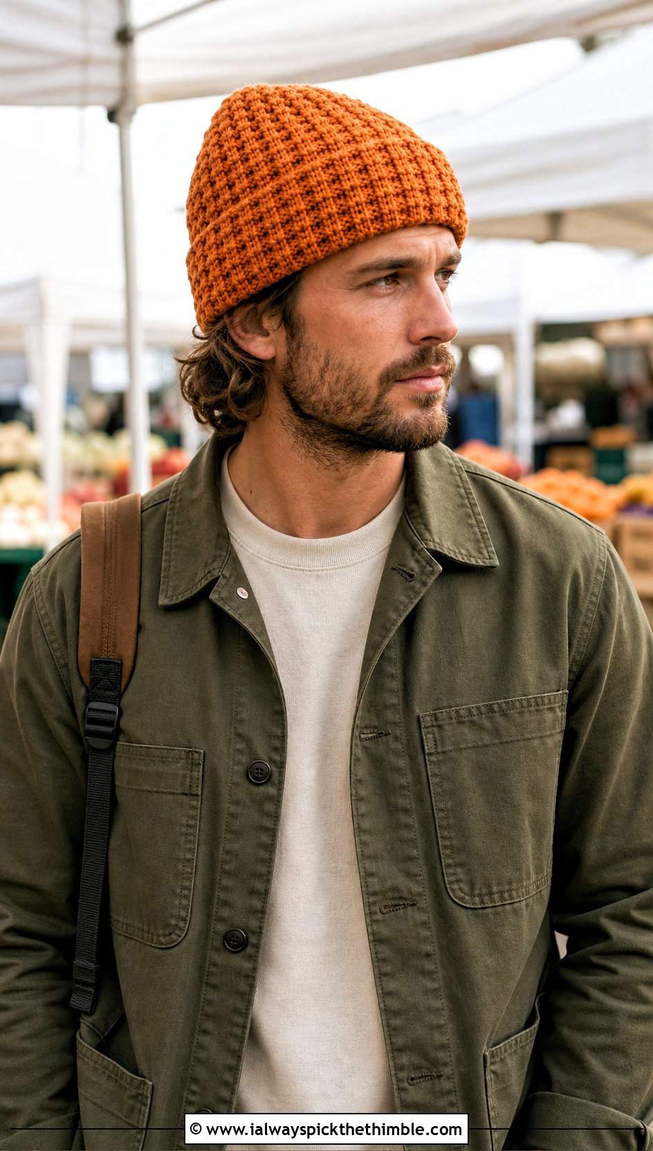 Waffle Stitch Crochet Beanie With Chore Jacket - 15 men's crochet beanies outfit ideas