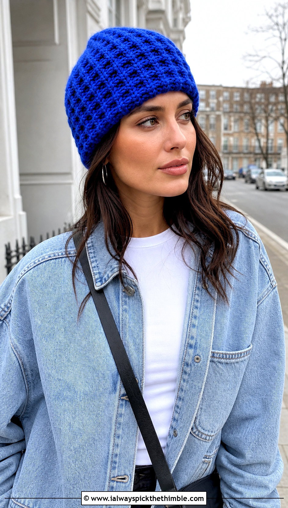 Waffle Stitch Crochet Beanie With Denim Jacket - 15 Crochet Textured Beanie outfit ideas